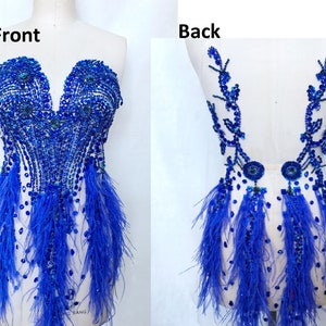 Rhinestone Applique Heavy Beads Motif Diamante Ostrich Feather Lace Patch sewing on Bridal Wedding Dress Gown Prom Dress 1 PC
