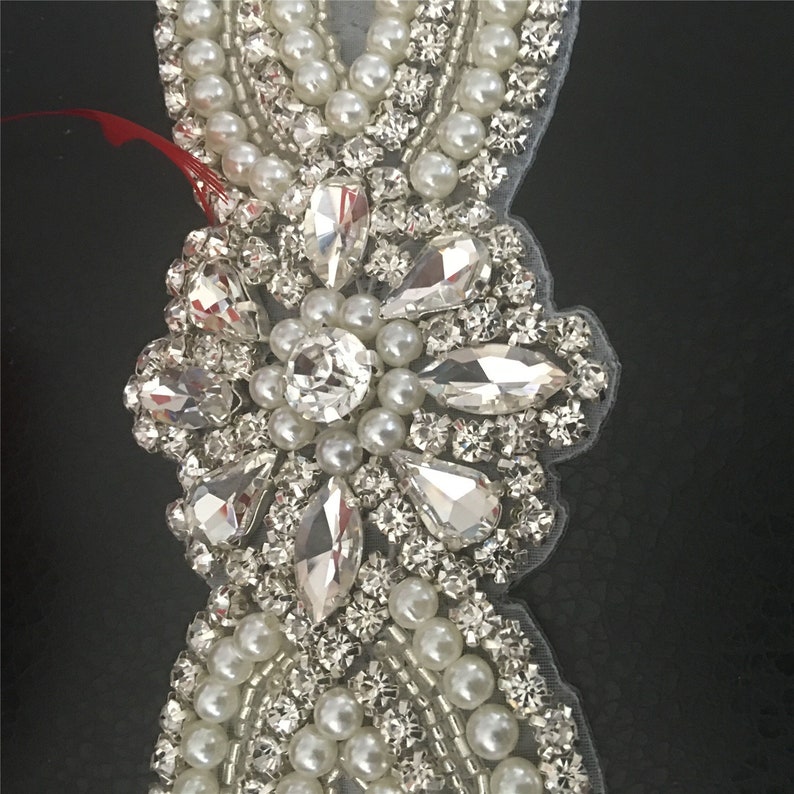 Long Rhinestone Applique Diamante Appliques Bridal Sash Belt Glue Iron on Wedding Dress Motif with Beads Headband Headpiece Handcraft