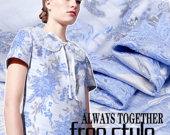 Light Blue Fabric, Polyeter Cotton Jacquard Fabric, Embossed Style Fabric, Heavy Jaquard Fabric, By 1/2 yard