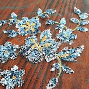 Turquoise Shining Floral Lace Applique Embroidery Flower Patch with Sequin DIY Sewing on Bridal Wedding Dance Dress Handcraft 1 Piece