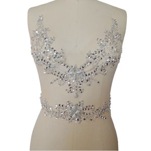 Sparkling Bodice Rhinestone Applique Motif Heavy Beads Diamante Lace Patch sewing on Bridal Wedding Dress Dance Gown 1 PC