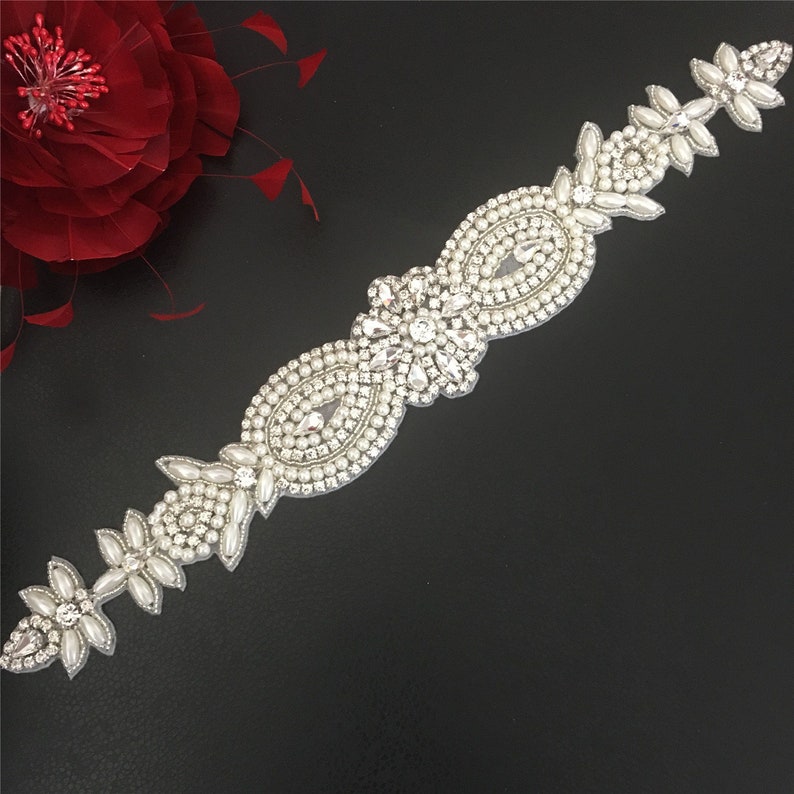 Long Rhinestone Applique Diamante Appliques Bridal Sash Belt Glue Iron on Wedding Dress Motif with Beads Headband Headpiece Handcraft