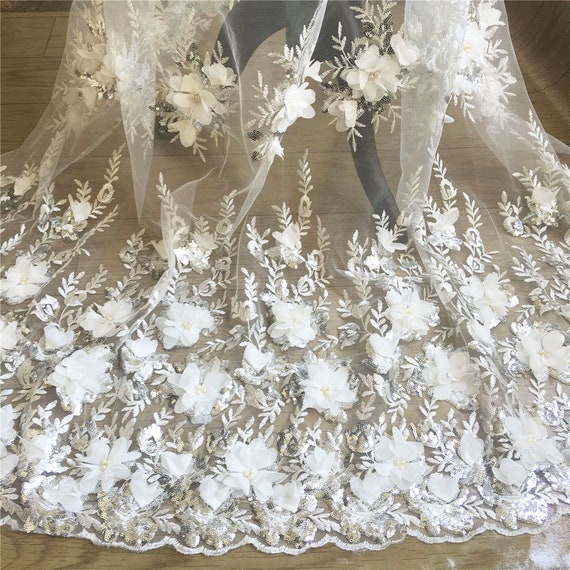 Embroidery 3D Floral Lace Fabric Materials With Sequin Pearl