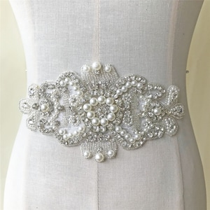 Rhinestone Applique Pearl Diamante Crystal Beaded Patches Iron on Bridal wedding Belt Sash Dress