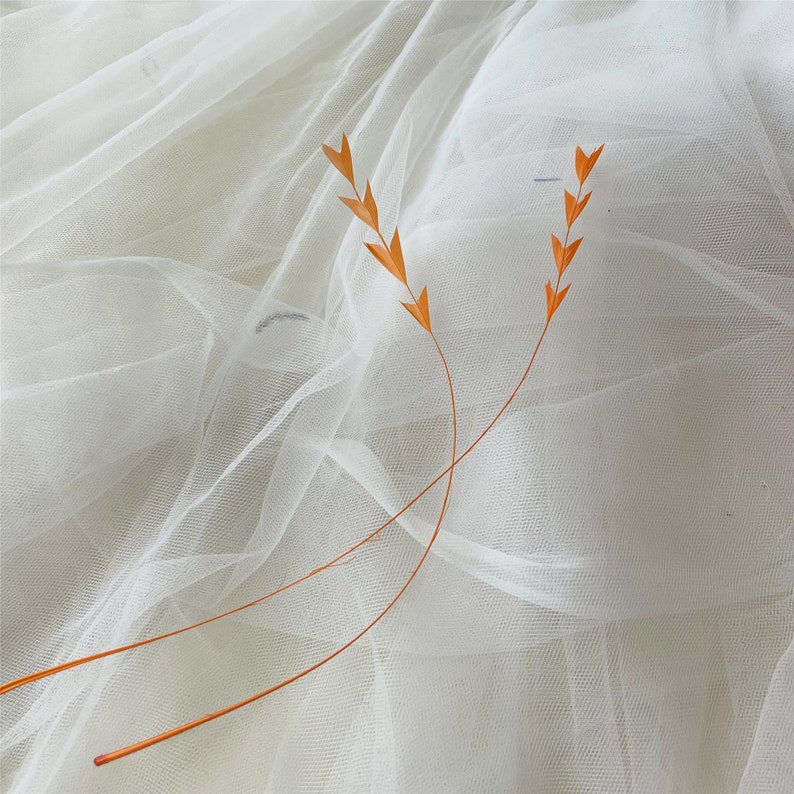 May include: Two orange dried flower stems with delicate, pointed leaves against a white tulle background.