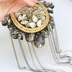 Silver Shoulder Patches Tassel Chain Suit Crystal Epaulet Fringe Shoulder Badge Rhinestone Applique for wedding Dance Punk Costume