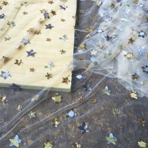 Star Pattern Sequin Embroidery Lace Fabric Mesh Trimmings DIY Costumes Wedding Bridal Full Evening Girl Dress Costumes 51" Width