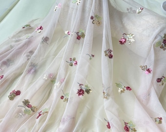 Sequin Floral Embroidery Lace Fabric Trims Fabrics Tulle Mesh DIY Wedding Bridal Evening Dress Ball Gown Dance Costume Sold by the yard