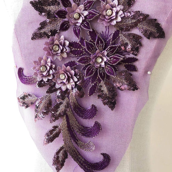 Applicazione Ricamata A Mano In 100% Strass Su Rete Bianca - Perline Cristallo Per Abiti, Accessorio Sposa O Party (Viola) - 4