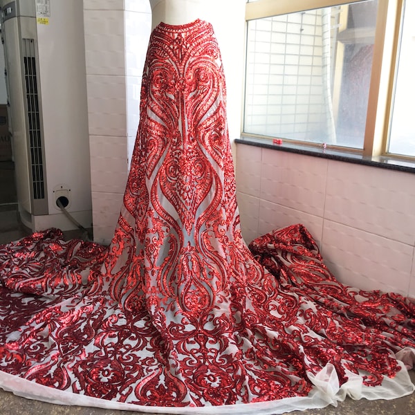 Red Embroidery Lace Fabric with Sequin Materials Hollowed Fabrics DIY Wedding Bridal Full Evening Dress Costumes 55" Width Sold by 1 yard
