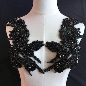 Sparkling Black Bodice Rhinestone Applique Heavy Beads Motif Diamante Lace Patch sewing on Bridal Wedding Ball Dress Gown 1 Pair