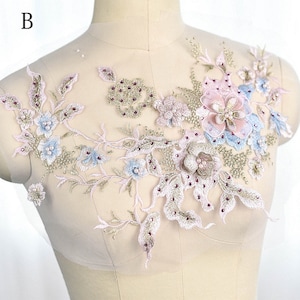 Rhinestone Beads Lace Applique Motif 3D Blossom Sequined Flower Patches Embroidery Appliques Sewing on Wedding Evening Dress Gown 1 Pce