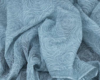 Tela de encaje de gasa azul con adornos de flores rosas en 3D para falda de niña, vestido, vestido de diseño de vestuario, corte a medida DIY