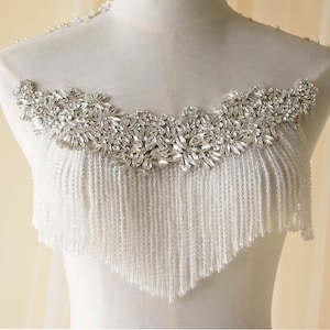 Bodice Rhinestone Applique Trims Heavy Fringe Beads Motif Diamante Lace Patch sewing on Bridal Wedding Ball Dress Gown 1 PC