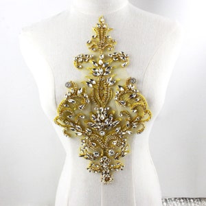 Sparkling Bodice Rhinestone Applique Heavy Beads Motif Diamante Lace Patch sewing on Bridal Wedding Ball Dress Gown 1 PC