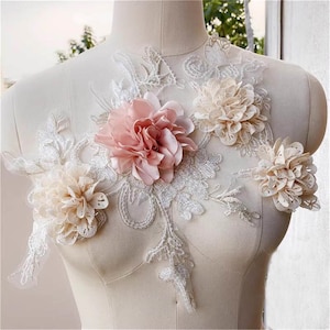 3D Flower Embroidery Lace Applique Motif Materials With Beaded Lace Patch Sewing on Bridal Wedding Prom Dress Skirt By 1 Piece