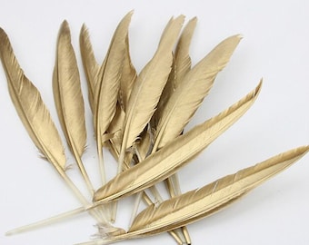 Real Natural Gold  Metallic Painted Glitter Goose Feather DIY Wedding Party Decor Hair Accessories Headband Feathers Making Gift  10 PCS