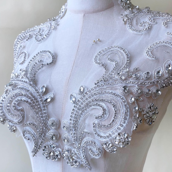 Pair Sparkling Rhinestone Applique Heavy Beads Diamante Lace