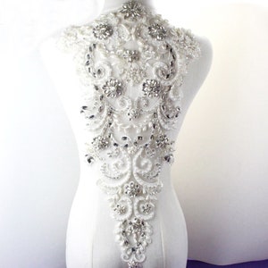 Sparkling Bodice Silver Rhinestone Applique Heavy Beads Motif Diamante Lace Patch sewing on Bridal Wedding Ball Dress Gown 1 PC