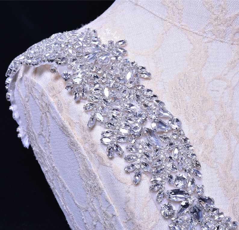 Bridal Crystal Rhinestone Applique Diamante Appliques Sash Belt DIY Iron Glue on Bridal Wedding Dress Gown 1 Piece image 1