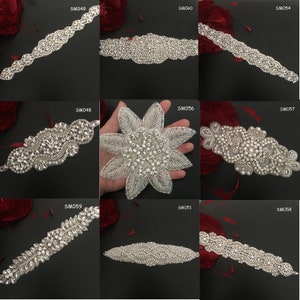 Bridal Rhinestone Applique Diamante Appliques Sash Belt DIY Iron on Wedding Bridal Evening Full Dress with Beads Crystal Pearl 1 Piece