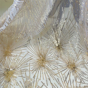 Gold Sequin Embroidery Lace Fabric Mesh Fabrics DIY Wedding Bridal Full Evening Dress Costumes 51&quot; Width by 1 yard