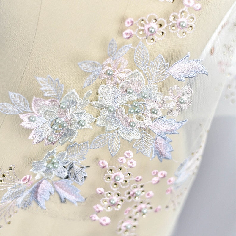 Floral Embroidery Lace Fabric Mesh with Pearls Rhinestone DIY Wedding Bridal Evening Dress Costume Clothing 51 Width Sold by the yard