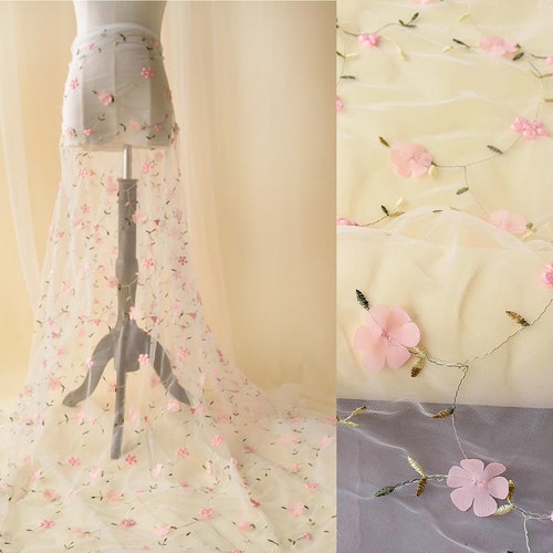3D Floral Fringe Lace with Raised Embroidery & Metallic Fibers on Mesh Tulle Fabric