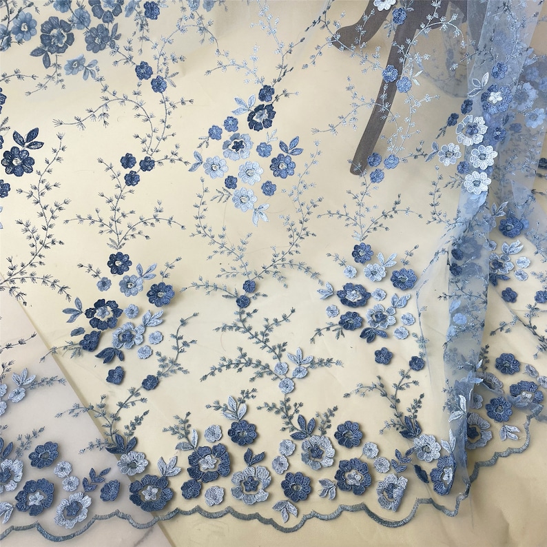 Blue Embroidery 3D Flower Bridal Lace Fabric Materials Lace - Etsy