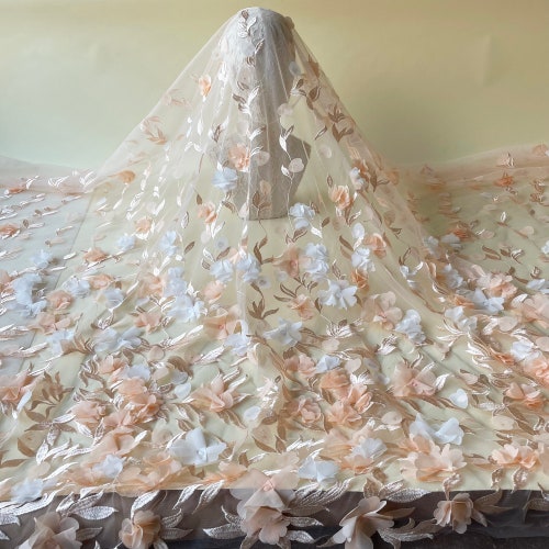 3D Floral Fabric with Pearls - Peach - Embroidered Flower and Leaf Patterns on Lace Fabric by Yard