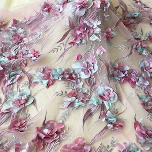 3D Flower Embroidery Lace Fabric Purple Materials Mesh Trims DIY Wedding Bridal Evening Dress Sold by the yard