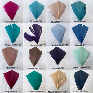 K&ouml;nnte beinhalten: Eine Sammlung von 15 Federn in verschiedenen Farben, darunter Freesie, Dunkelblau, Nude, Kobalt, Pfau, Schwarze Johannisbeere, Periwinkle, Welle, Nerz, Mokka, Indigo, Hellt&uuml;rkis, Magenta, Eisvogel, Pilz und Hellblau. Jede Feder wird auf einem wei&szlig;en Hintergrund mit ihrem entsprechenden Farbnamen und Code angezeigt.
