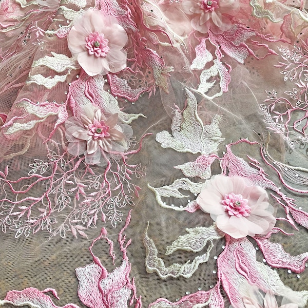 Broderie 3D floral dentelle tissu maille tissus avec des perles garnitures bricolage mariée mariage robe danse costume robe 51 "largeur vendue par Yard