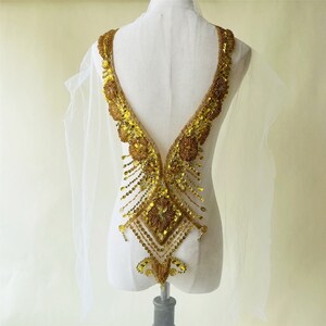 Heavy Beads Bodice Rhinestone Applique Motif Diamante Lace Patch swing on Bridal Wedding Dress Gown 1 PC