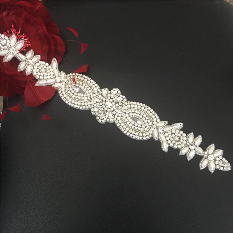 Long Rhinestone Applique Diamante Appliques Bridal Sash Belt Glue Iron on Wedding Dress Motif with Beads Headband Headpiece Handcraft