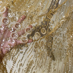 Gold Lace Fabric Mesh with Sequin Beads DIY Wedding Bridal Evening Dress Costume Handcrafts 59&quot; Width Sold by the yard