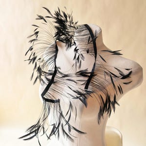 May include: A black feather collar accessory featuring long, thin, radiating quills adorned with small, delicate black feathers. The structure is held together by thin black ribbon bands that form a geometric, layered frame around the neck area.