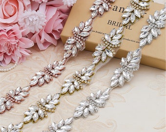 Glitter Rhinestones Trimming Chain Crystal Diamante Applique Wedding Motif for Sash Belt Bridal Dress Evening Gown Dance Costumes