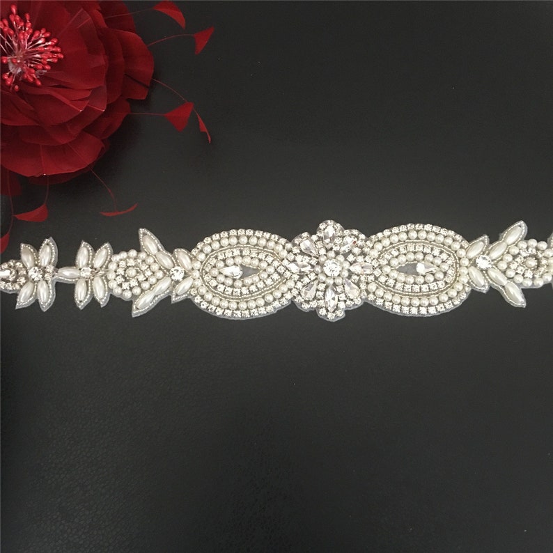 Long Rhinestone Applique Diamante Appliques Bridal Sash Belt Glue Iron on Wedding Dress Motif with Beads Headband Headpiece Handcraft