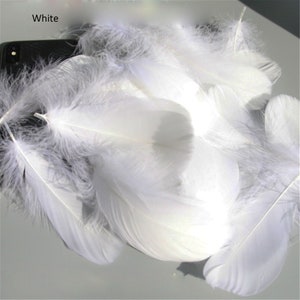 May include: A collection of fluffy white feathers, with soft, delicate textures. The feathers are scattered, with some overlapping. The word "White" is visible in the upper left corner. The feathers are likely for crafting or decorative purposes.