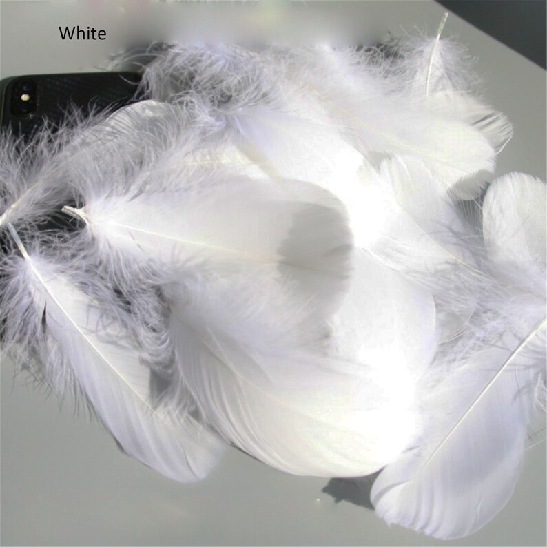 May include: A collection of fluffy white feathers, with soft, delicate textures. The feathers are scattered, with some overlapping. The word "White" is visible in the upper left corner. The feathers are likely for crafting or decorative purposes.