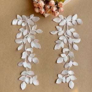 Green Vine Embroidery Lace Applique Motif Forest Leaves Patches Appliques Sewing on Wedding Bridal Evening Dress Gown 1 Pair Off White