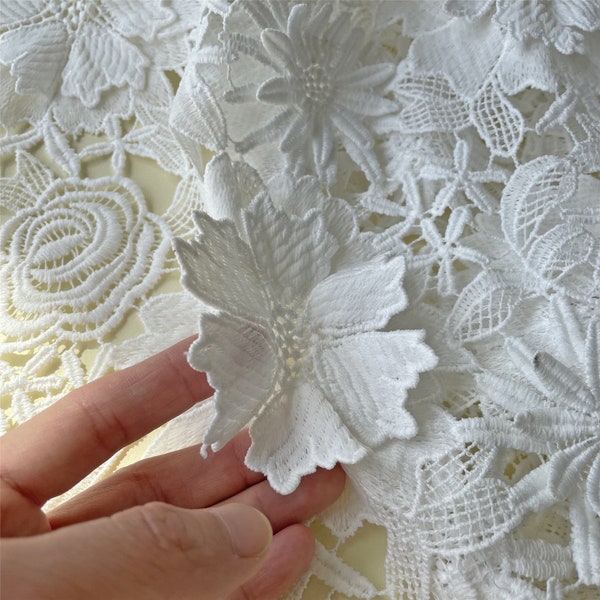 Off White Guipure Lace Fabric 3D Flower Embroidery Hollowed Trimmings Materials for Costume Wedding Evening Dress 47 inch Width