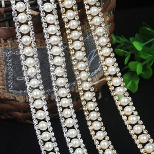 Sparkling Rhinestones Trim Diamante Pearl Trims for Dress Sash Garter Bridal Belt Headpieces Necklace Chain Sold by the Yard