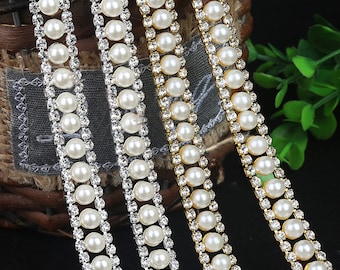 Sparkling Rhinestones Trim Diamante Pearl Trims for Dress Sash Garter Bridal Belt Headpieces Necklace Chain Sold by the Yard