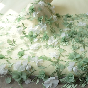 3D Flower Embroidery Lace Fabric Materials Mesh Trims DIY Wedding Bridal Evening Dress Costume Sold by the yard Apricot
