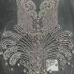 Elegant Sparkling Rhinestone Applique Heavy Beads Diamante Lace Patch sewing on Bridal Wedding Ball Dress Gown