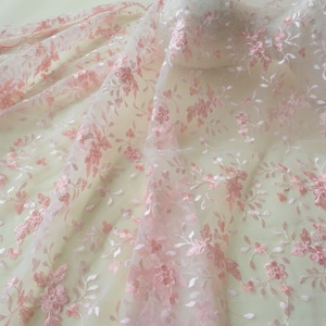 Pink Embroidery Lace Fabric Materials Lace Mesh Trims Gauze DIY Wedding Bridal Evening Dress Dance Costumes sold by the yard 49&quot; Width