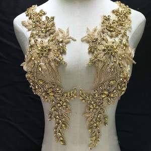 Sparkling Gold Bodice Rhinestone Applique Heavy Beads Motif Diamante Lace Patch sewing on Bridal Wedding Ball Dress Gown