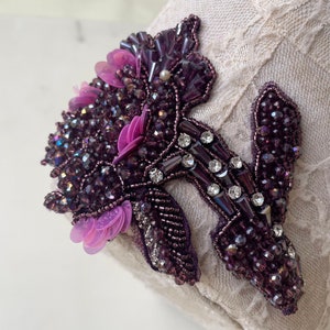 Akiko.CC Handmade Rhinestones Lace Trim Patches Handsewing Beads Applique For Dress DIY Accessories 13.7X21.2inches (Light Purple